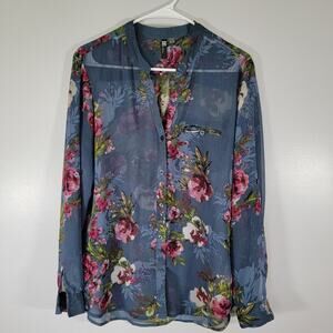 KUT Blouse Womens M Blue Floral Roll Tab Sleeve Romantic Cottagecore Work Office